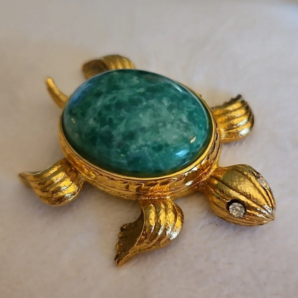 Vtg AVON 1971 Green Gemstone Tortoise Perfume Glace Trinket Locket Box - Picture 6 of 9
